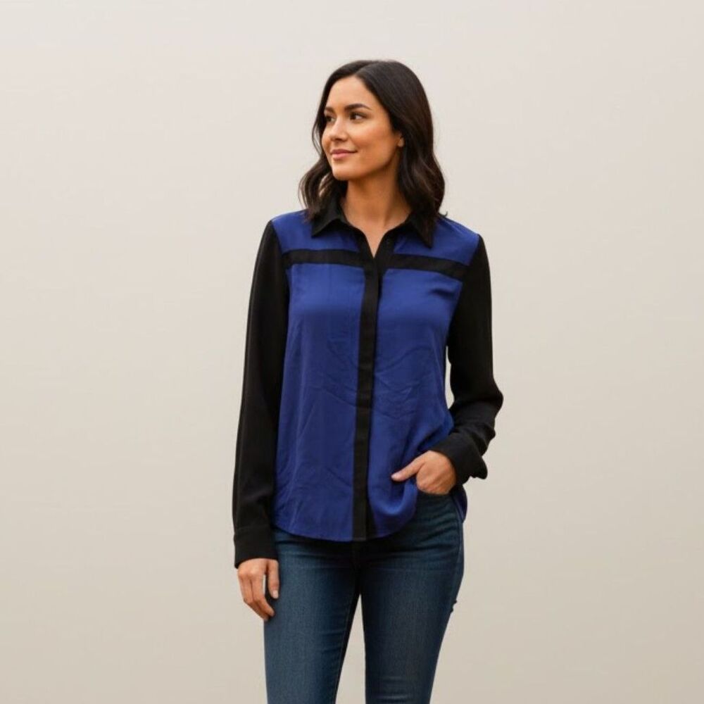 Parker Mesh Inset Top Silk Blue Black Size Medium NWT